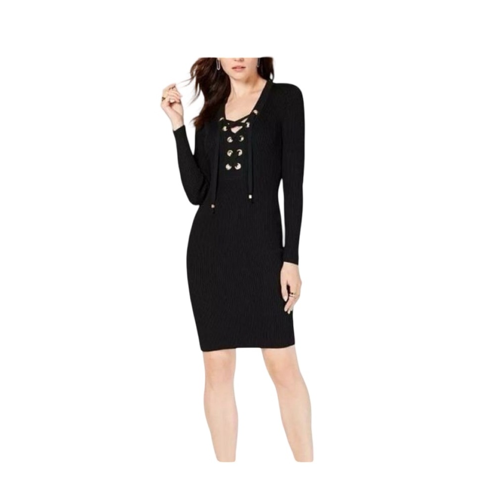 Michael Kors Black Ribbed Lace-Up Body Con Long Sleeve Dress M NWT